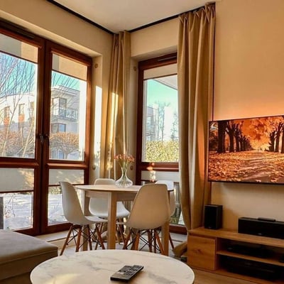 Rent of a modern two-room apartment, 52 m², with a private garden, Jelonki Południowe, Warsaw, Poland